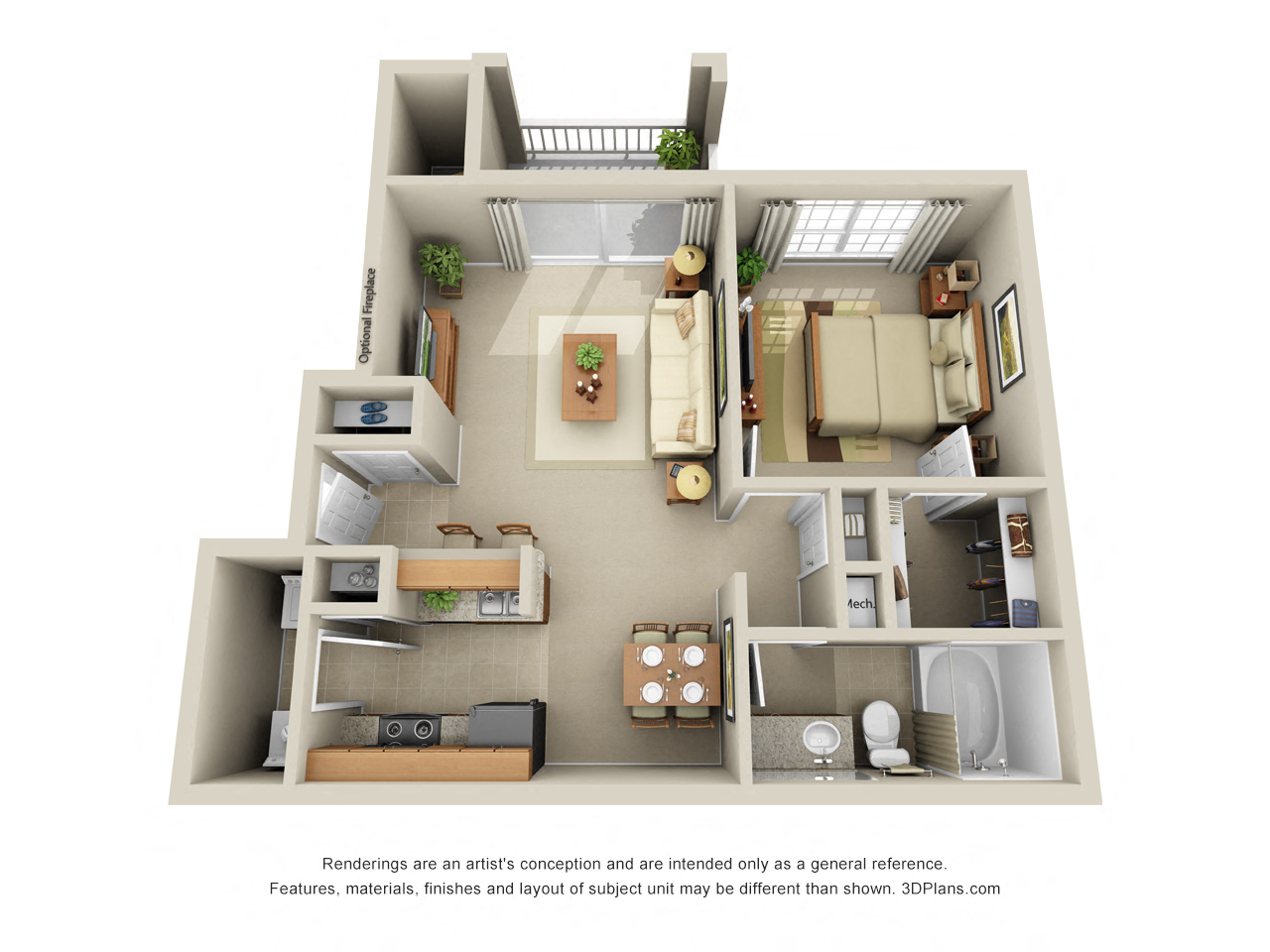 Floor plan for 1 bed, 1 bath, 701 sqft